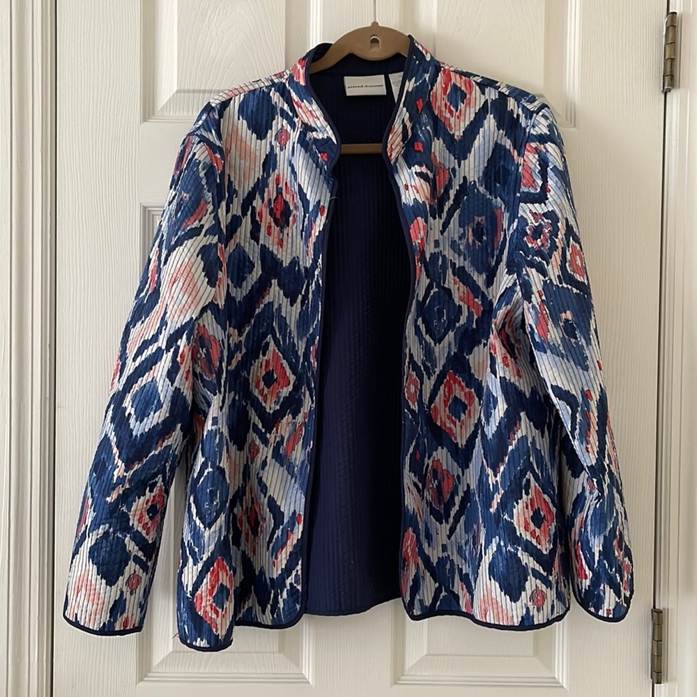 ALFRED DUNNER Lightweight Quilted Jacket, Blue/White/Red, Size 18